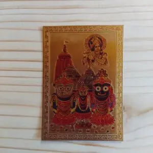 Golden sticker with Jagannath, Baladev and Subhadra (6x8.5 cm)